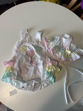 Baby Girl White Romper and Sun Hat with Pastel Hearts